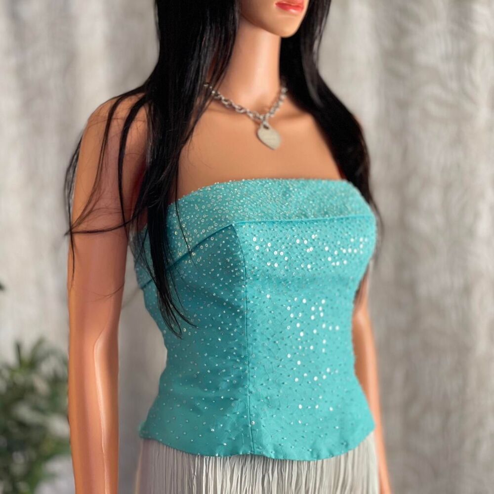 Vtg Y2K Mori Lee Beaded Corset Top Blue Strapless Sequin‎ Prom Party Top Sz 7/8